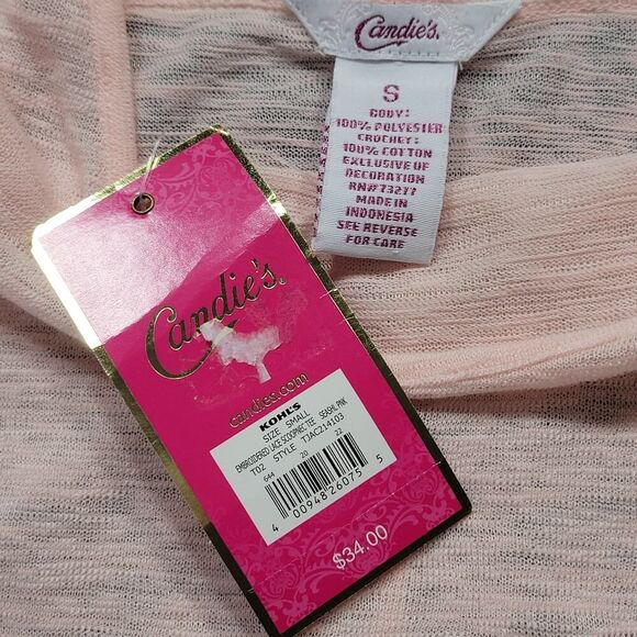 Candies Pink Preppy Bodycon Shirt Lace Gathers Cap Sleeves NEW $34 Womens Size S - Picture 3 of 7